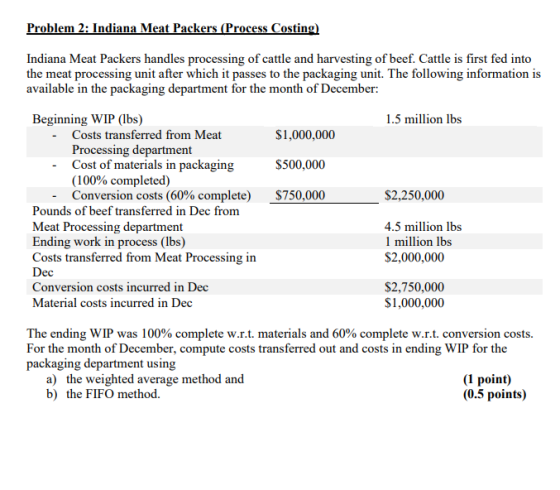 Problem 2: Indiana Meat Packers (Process Costing Indiana Meat Packers handles processing of cattle and harvesting of beef. Ca