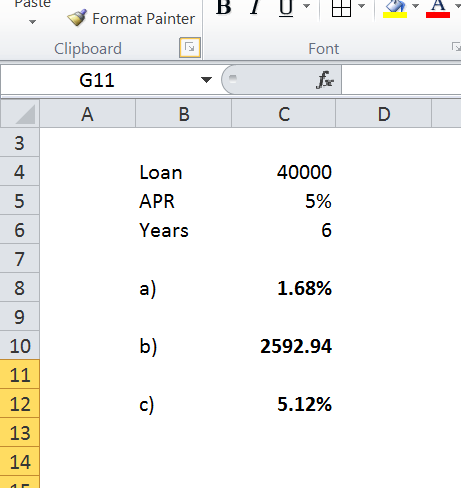 Paste B TU WA Font Format Painter Clipboard G11 I B C D 40000 00 vouw Loan APR Years 5% 6 1.68% 2592.94 9 10 11 12 5.12%