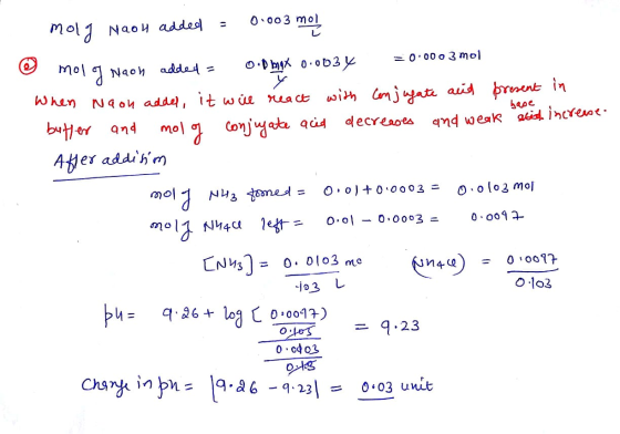 moly naoh added = 0.003 mol ① mol of Noor moly Naon added = 0.0 by OX 0.003% = 0.0003 mol When Naon addel, it will react with