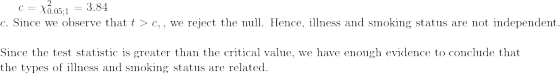 c=\chi^2_{0.05;1}=3.84\\ c.\text{ Since we observe that }t>c,\text{, we reject the null. Hence, illness and smoking status are not independent.}\\ \\ \text{Since the test statistic is greater than the critical value, we have enough evidence to conclude that}\\ \text{the types of illness and smoking status are related.}