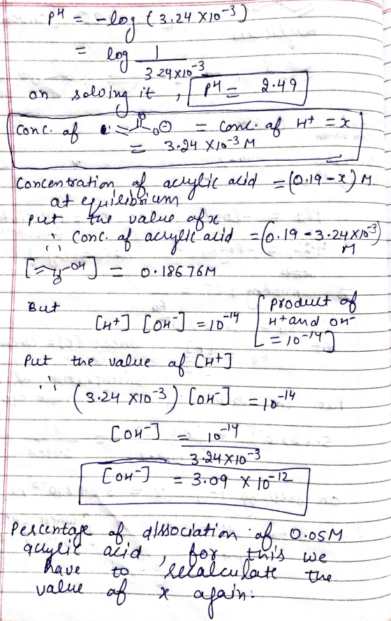 PH -log (3.24 X10-3) log / 24x16 3 an solving P4 - 2.49 Conc. of an = conc. of 4t = x 3.24 X/03M M put 0.186.76M Concentratim