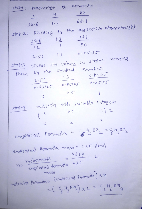 68.1 stept percentage of elements & H Br 30.6 13 step-2: Dividing by the respective atomic weight 30-6 13 68.1 12 2.55 13 0.8