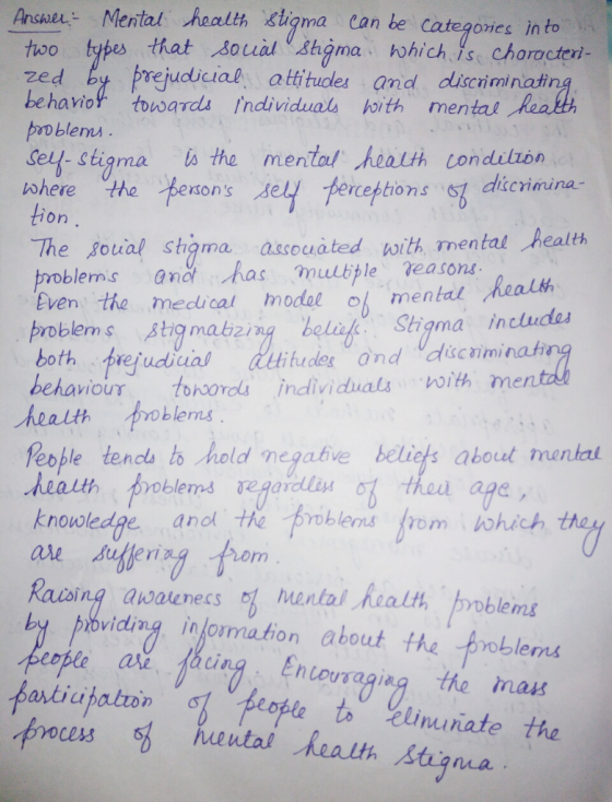 Ansael Mental health stigma can be categoies in to judical aHitudles and disciminating zed be havio tousards Individuals boit