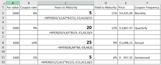 B E А 1 Par value Coupon rate Years to Maturity Yield to Maturity Price Coupon Frequency 11% $4,425.09 Monthly 5000 8% 5 ENPE