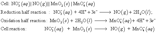 Cell. Nog (aq)| NO (g)11 MnO, (s) | MnO, (aq) Reduction half reaction NO^ (aq) 4H 3e> NO(g)+ 2H20() Oxidation half reaction: