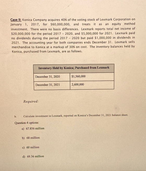 Case II: Konica Company acquires 40% of the voting stock of Lexmark Corporation on January 1, 2017, for $60,000,000, and trea