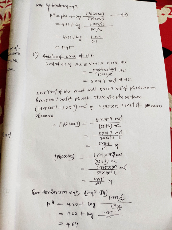 song by Hendersm egn, pH = pka + log t th loona) (11 tphcool 0.1 = 4.20+ wg _1.725/26 10-1/16 = 4.20 + wg 1.775 ~ 5.45 3) Add