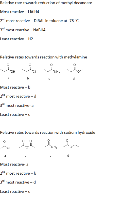 Relative rate towards reduction of methyl decanoate Most reactive-LIAIH4 2nd most reactive DIBAL in toluene at -78 °C 3rd mos