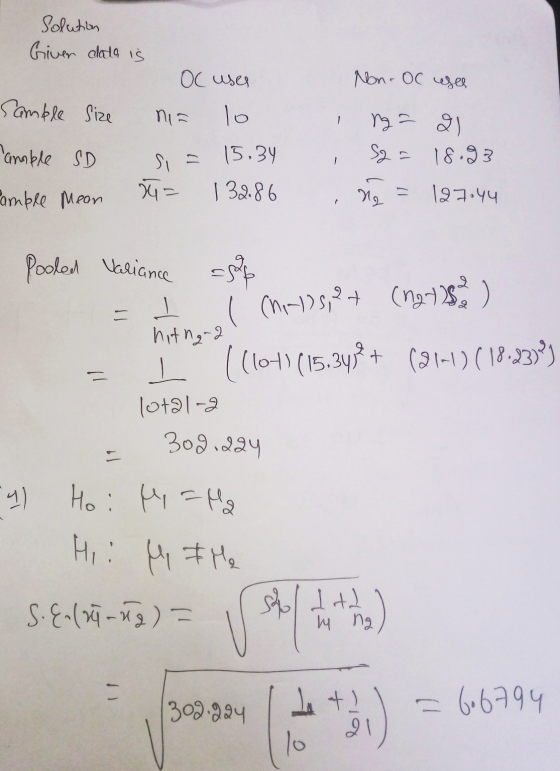 Solution Giver data is Non-OC uses OC uses nia lo camble Size - n = 21 Sg amable SD 15.34 18.93 comble Meon 14= 13286 127.44