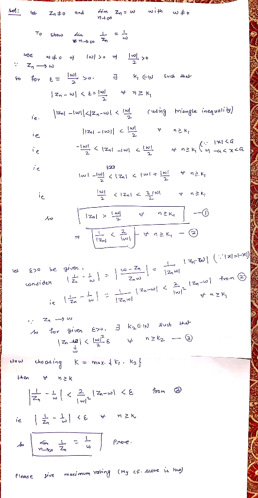 with im Zn qnd el. Zno To Aim Shous Zn n co see k EIN Such tor Zn-w = 1wo (ungriangle ineg uali ty) 1znl-lwzn-wl< n k, e -w 1