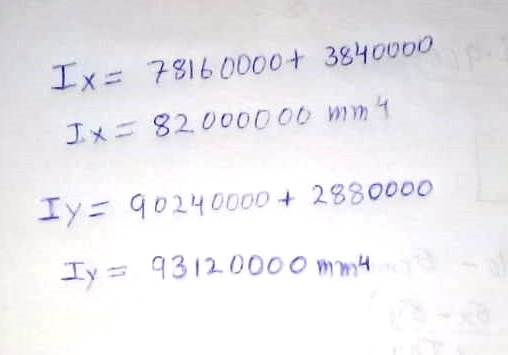 Ix= 7816 0000+ 3840000 Ix= 82.000000 B 4 Iy= 90240000 + 2880000 Iy = 93120000 mm 4