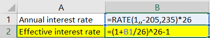 A B 1 Annual interest rate =RATE(1,,-205,235)* 26 2 Effective interest rate =(1+B1/26)^26-1