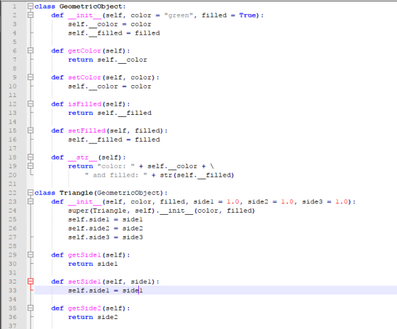 class Geometricobject: def init (self, color=green , filled= True): self. colorColor self. filled-filled def getcolor (self