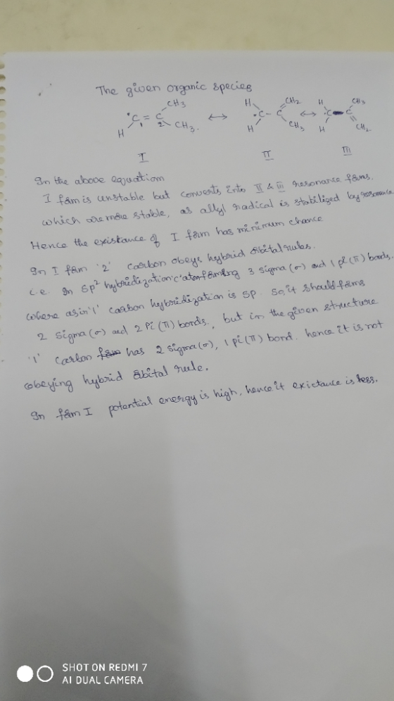 The gioen organic species CH3 C2 4 TT T7h Fn the abooe Qaadtiom fam is unstable bat coo est Ento & gresonanta Lams. a which a