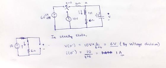41 a we lou Is + In steady state, vco-) = 100*6 = 6V ( By voltage division) 110) = 18 - RATA IA 6+4