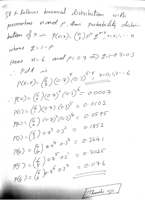 Tfollows bmomtal distribution porame te nnd buton wih .ran Prohabi chsti и-у whone-1-P n6 ael P= 0.7 =2-1-0-7-03 tene Pdt O,2