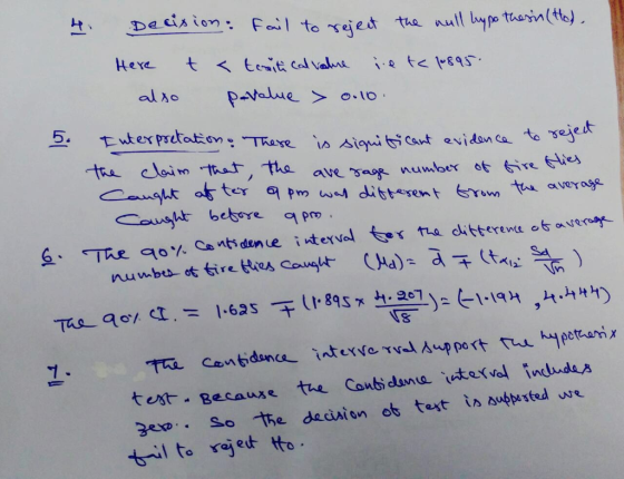 4. Decision: Fail to reject the wall hypothesis (ted Here t < tesiti cal value ie te 10895. also pavalue > 0.10. 5. Interpret
