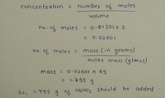 concentration = number of moles volume no. of moles = 0.01301x2 - 0.02601 no. of moles = mass (in grams) molar mass (glmoll m