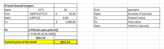 If Semi Annual Coupon Nper 15*2 Pmt 1000*0.07*1/2 Rate 0.08*1/2 FV Pmt Nper $ 30 35.00 0.04 1,000.00 payment Number of period
