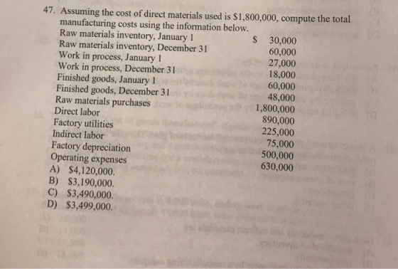 47. Assuming the cost of direct materials used is $1,800,000, compute the total manufacturing costs using the information bel