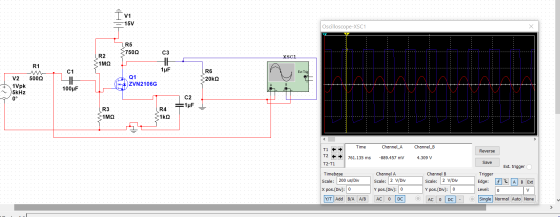 į vi 215V Oscilloscope-XSC1 R5 >7500 R2 1MO C3 HE 1F csci R1 Ext Trig 5000 C1 HIH 100uF R6 20kΩ 01 ZVN2106G V2 1 Vpk 5kHz 0°