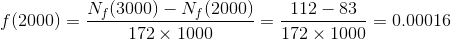 f(2000)=\frac{N_f(3000)-N_f(2000)}{172\times 1000}=\frac{112-83}{172\times 1000}=0.00016