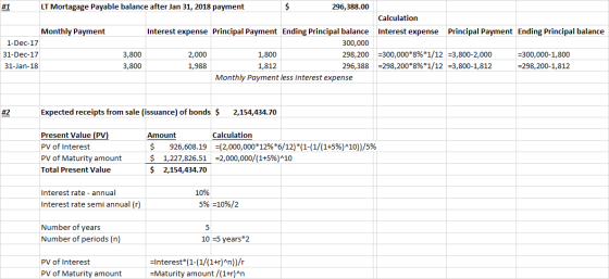 #1 LT Mortagage Payable balance after Jan 31, 2018 payment 296,388.00 Calculation Interest expense Principal Payment Ending P