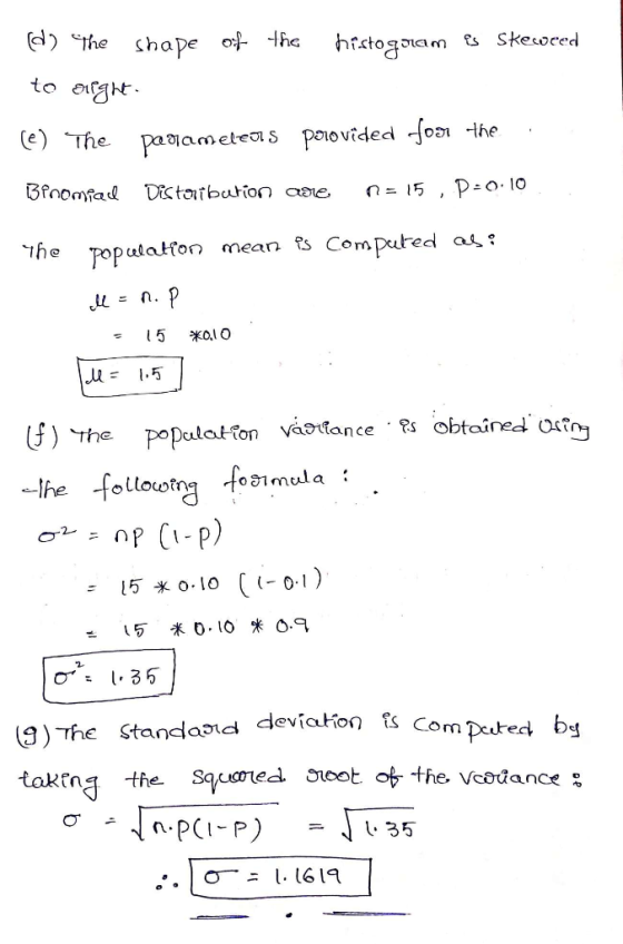 do the shape of the histogram is skeweed to dlight- (e) The pagameleos porovided for the . Binomial Distribution are n= 15, P