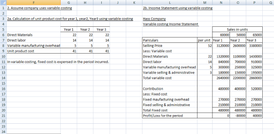 1 н MN 2b. Income Statement using variable costing 1 2. Assume company uses variable costing 2 3 2a. Calculation of unit prod