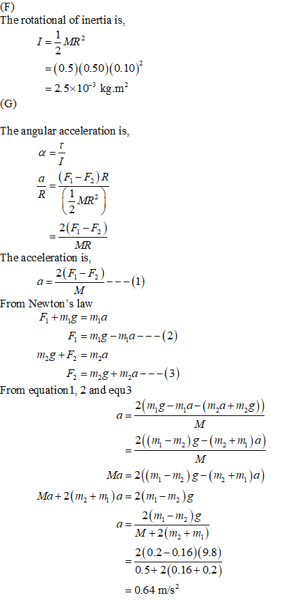 (F) The rotational of inertia is, 1 I =-MR2 2 (0.5)(0.50) (0.10) 2.5x103 kg.m2 (G) The angular acceleration is (F-F) R a R MR