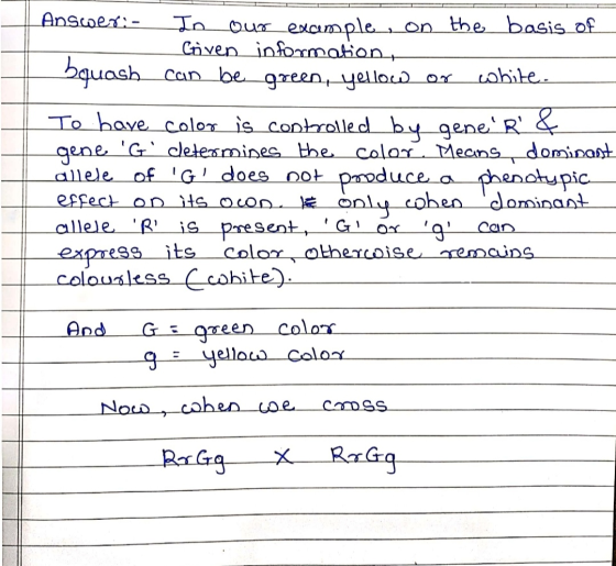 Answer:- In our example on the basis of Coven information bquash can be green, yellow or white. To have color is controlled b