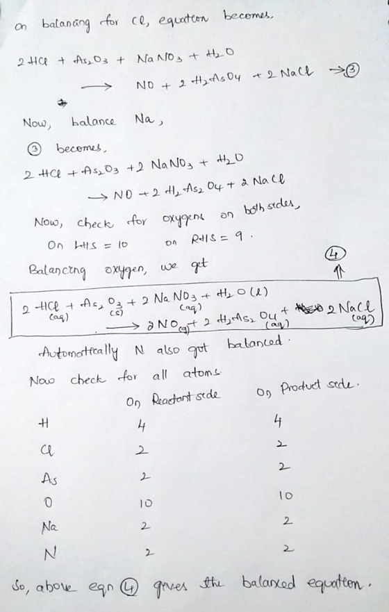 on balancing for ce, equation becomes, 240 + As, O3 + Na No, & theo - NO + 2 otty Ms Ou + 2 Nall > Now balance Na becomes 2 t