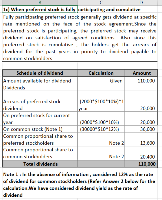 B 1c) When preferred stock is fully barticipating and cumulative Fully participating preferred stock generally gets dividend
