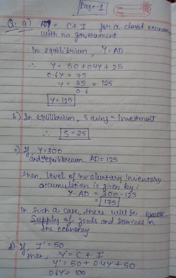 Q. a) ADO = CtI for a closed econom with no government In equilibrium , Y = AD. - Y= 50+ 0.41 + 25 75 95 = 125 6.6 [y=125 b)
