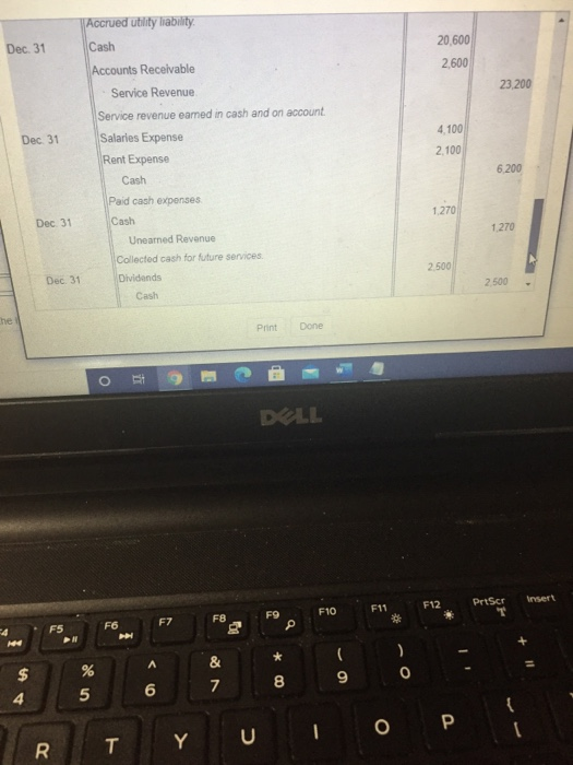 Accrued utility liability 20,600 Dec. 31 Cash 2,600 23.200 Dec 31 4.100 2.100 6 200 Accounts Receivable Service Revenue Servi