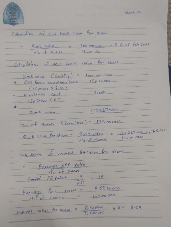 sheet - calculation of old book valu Per share Book value Ho of sharel - 100 coooos 16000 ooo 2 $ 6.25 Pele share Calculation