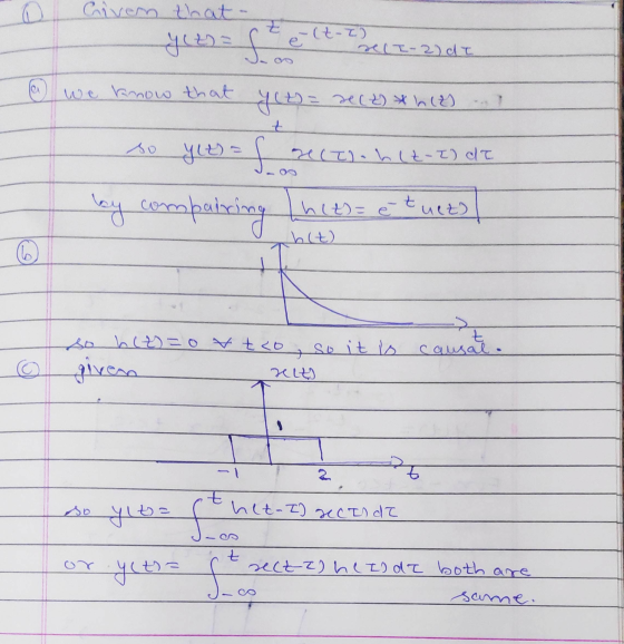 O Civen that yeo= t ė (t- to be LT-2) de @ we know that yet) = 20 (2) *h(8) ... so y(t) = f g (Z). h (2-7) dt by compairing [