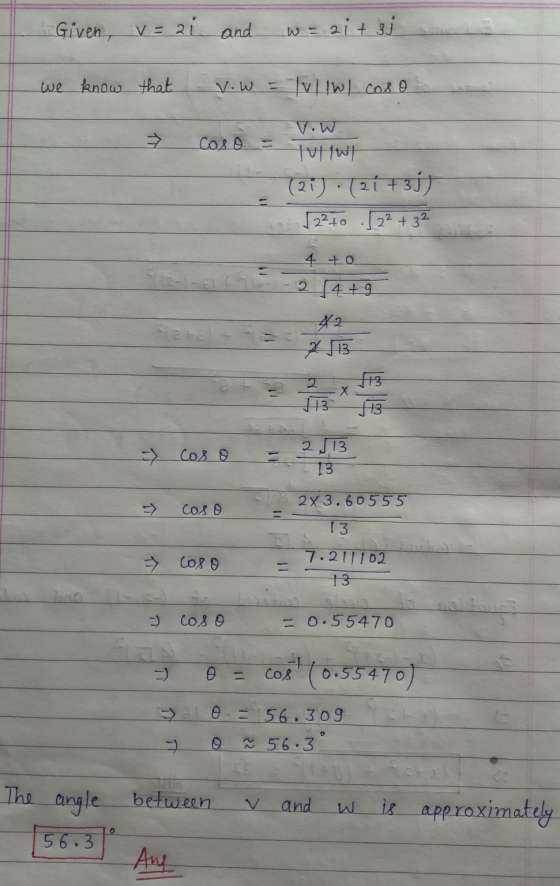 Given, v=ai = ai and = 21 + 3j we know that V.W = TullW/ coso Caso V.W TWIWI (21) . (21 +33) √2²t0 (2²+ 32 4 to 24+9 Flare 42
