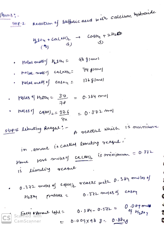 C2 Reaction of suffuric acid with calcium hydroxide & sou + Ca(OH)2 → casou + 2 H20 ری (ک ره) Melal mass of desous Molar mass