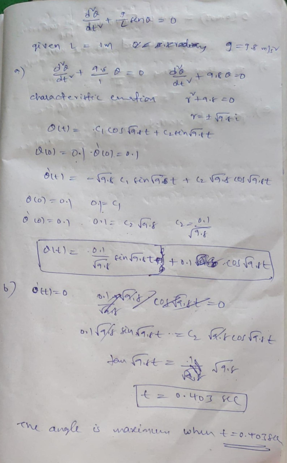 devt i sina so given = im at sikrodias 9=9,8 mlir a) Ser + 915.0 0 do +9160-0 characteristic enation Stais co = I Saigi Olt)