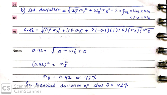 b) Srd. deviation = vwzo +w ag²+ 2 x PARX WAX WA xoxo 06 0:42 = √(0)²a²+(122 B + 2(-0.1)(1)(0) (0A) COB Notes 0.42 = vo +98 +