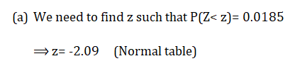 (a) We need to find z such that P(Z< z)= 0.0185 =z=-2.09 (Normal table)
