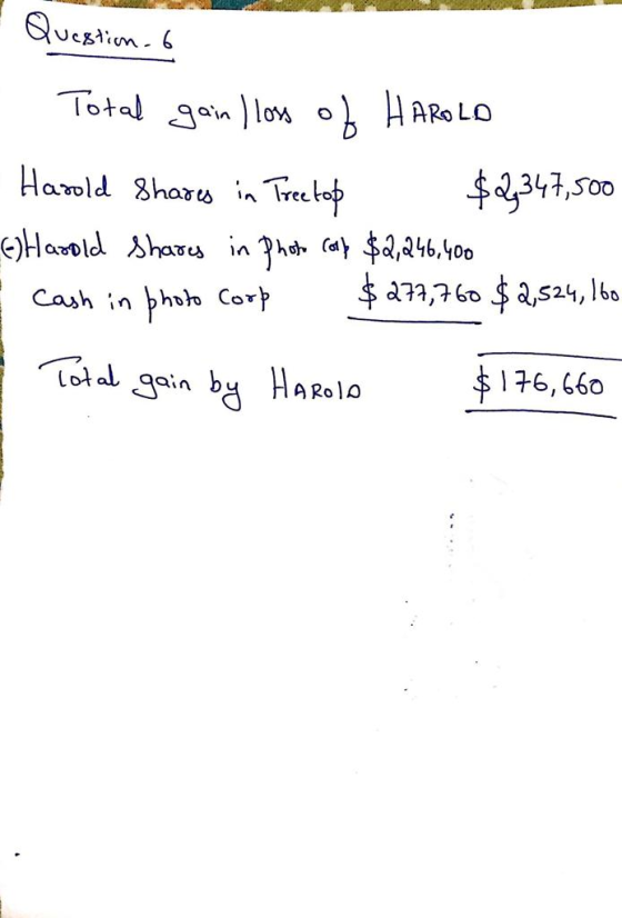 AMER - Question. 6 1. Total gain, loss of HAROLD Harold Shares in Tree top $2347,500 E Harold Shares in Photo Coll $2,246,400