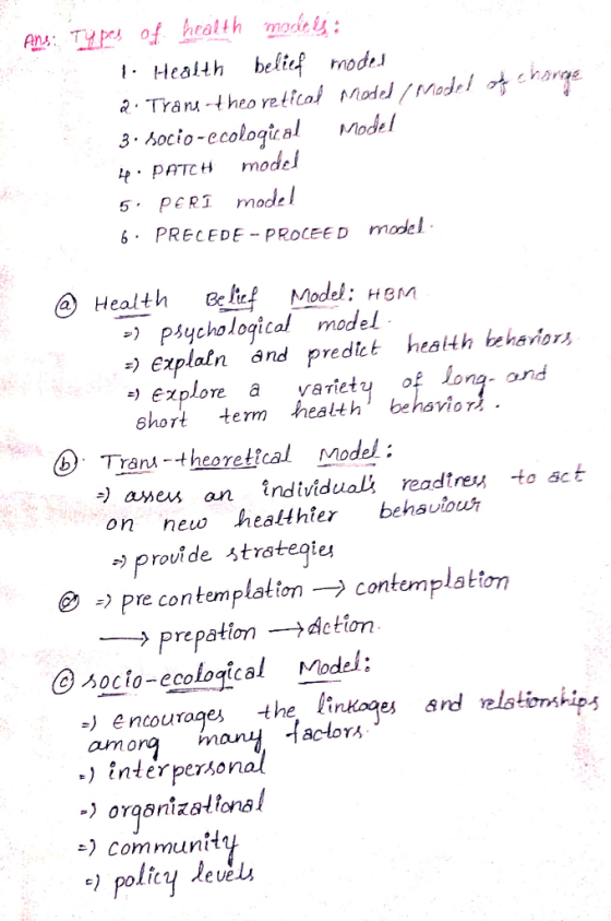 - Ans: Types of health models: 1. Health belief modes 2. Trane-theoretical model model of charge 3. socio-ecological Model 4: