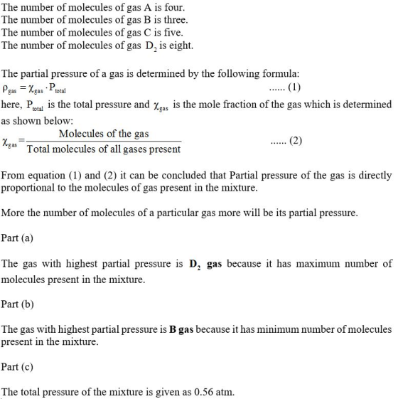 The number of molecules of gas A is four The number of molecules of gas B is three The number of molecules of gas C is five.