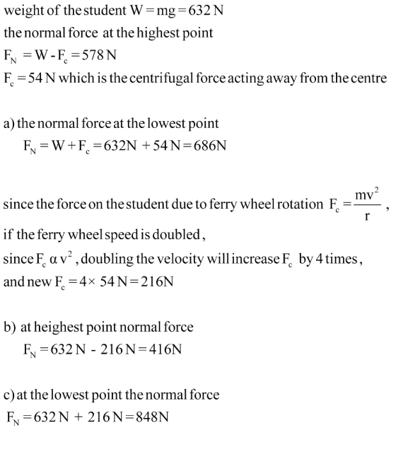 weight of the student W-mg-632N the normal force at the highest point F.-54Nwhich is the centrifugal force acting away from t