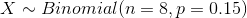 X\sim Binomial(n=8,p=0.15)