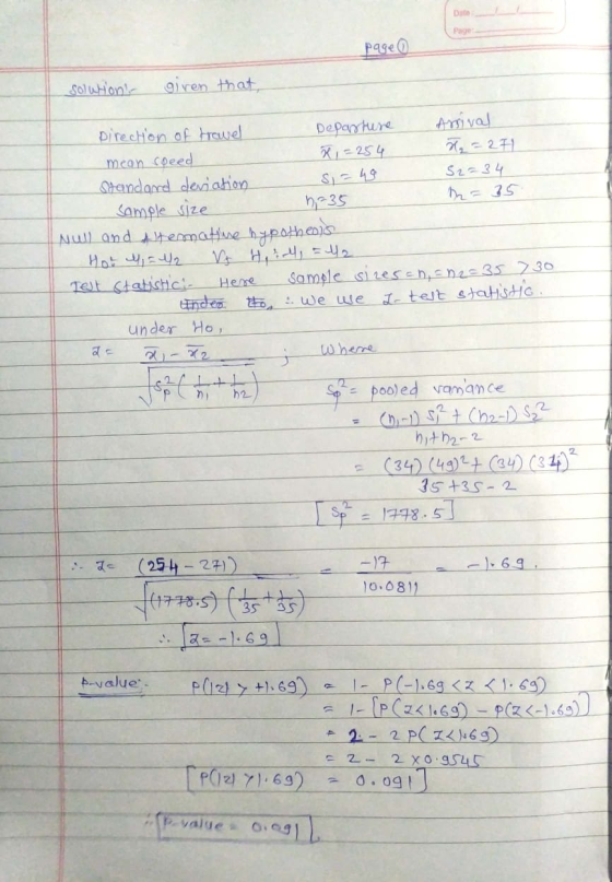 Date Page page ① solwton giren that, s = 48 Here Direction of travel Departure Arrival mean speed 2 =254 X =24 Standard devi