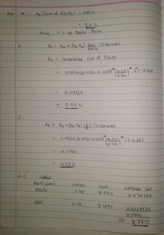 - Ams a Ke (cost of Equity) = WACC = 9.3 Equity % firm since it is all Ke = kat (ka-kj) Debt Cl-taxrate) Equity ka = unserere