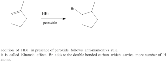 HBr peroxide addition ofHBr in presence of peroxide follows anti-markonivs rule. it is called Kharash effect. Br adds to the